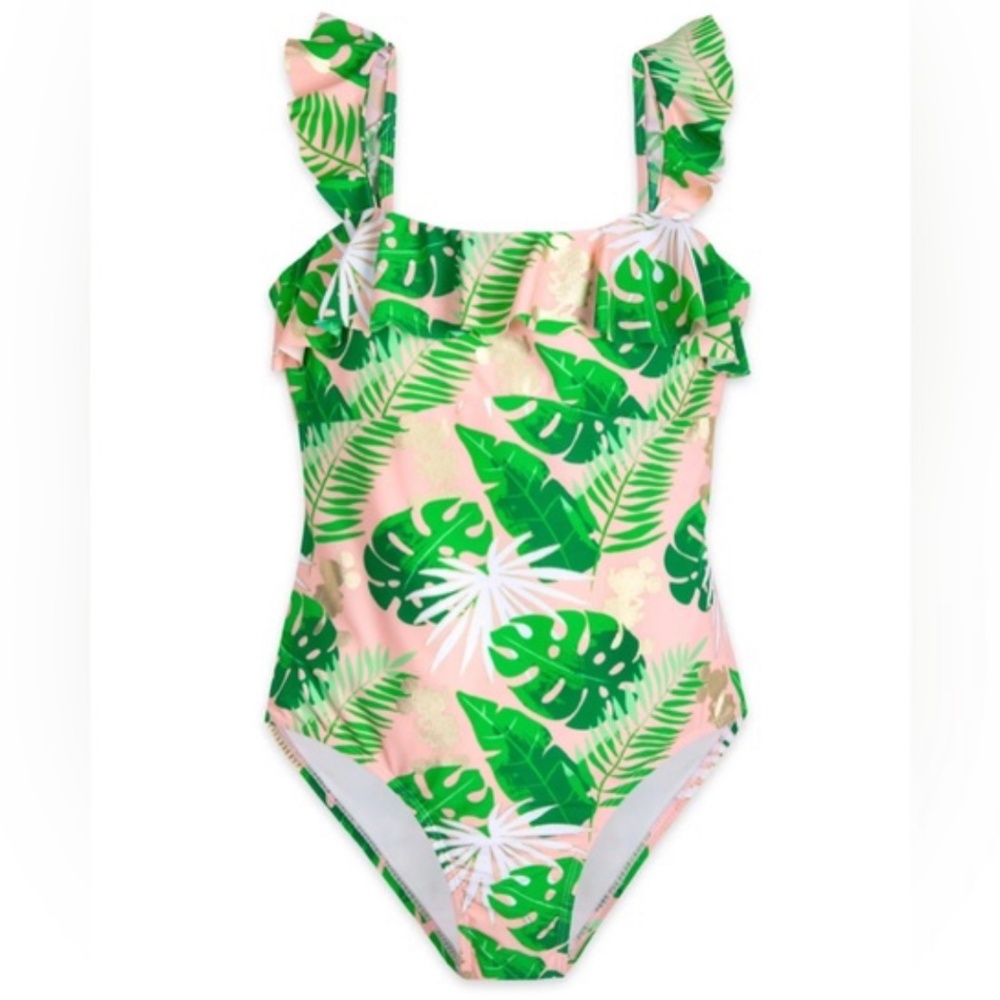 Disney Women’s One Piece Pink & Green Palm w/ Gold Mickey Swimsuit Size Large - Picture 3 of 10